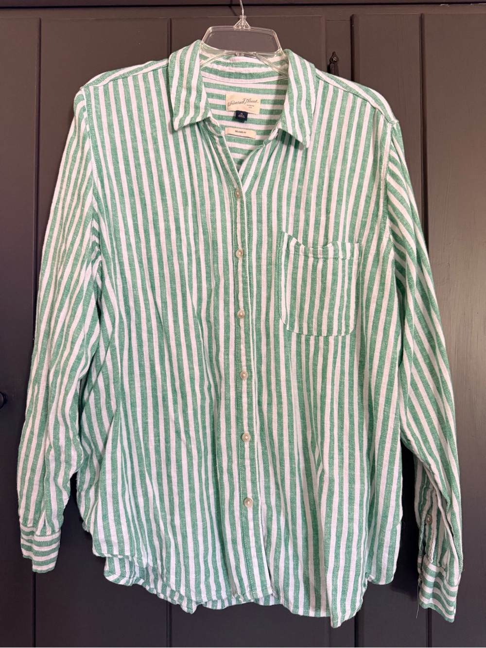 Universal Thread Green and White Vertical Stripe Button-Down Shirt